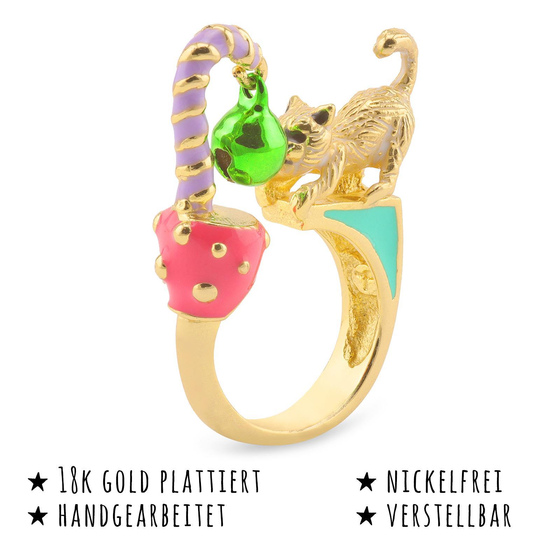 Das Bild mit Beschreibung zeigt Damen Ringe mit Katze Glocke aus Messing Gold plattiert mit Emaille handbemalt