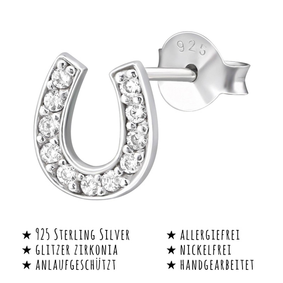 Das Bild mit Beschreibung zeigt Kinder Ohrringe Hufeisen Glcksbringer Ohrstecker aus 925 Sterling Silver echt Silber mit 22 Kristallen