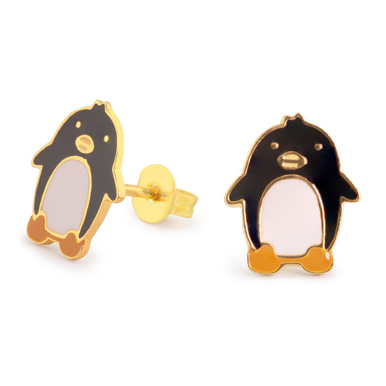 Auf dem Bild zu sehen sind Damen Ohrringe Pinguin Ohrstecker aus Messing Gold plattiert handbemalt