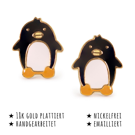 Das Bild mit Beschreibung zeigt Damen Ohrringe Pinguin Ohrstecker aus Messing Gold plattiert handbemalt