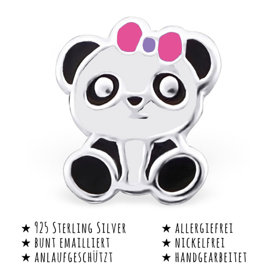 Das Bild mit Beschreibung zeigt Kinder Ohrringe Pandab�r Ohrstecker aus 925 Sterling Silver echt Silber mit Schleife