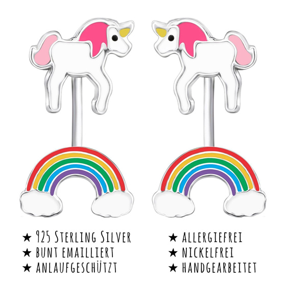 Das Bild mit Beschreibung zeigt Kinder Ohrringe Regenbogen-Einhorn Doppel Ohrstecker aus 925 Sterling Silver echt Silber mit Regenbogen