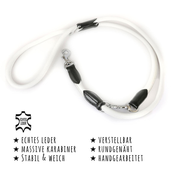 Das Bild mit Beschreibung zeigt eine verstellbare F�hrleine f�r Hunde aus echt Leder in der Farbe wei� 2m lang