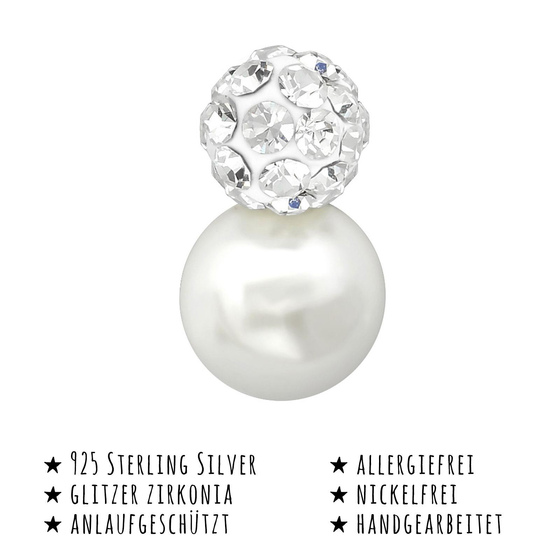 Das Bild mit Beschreibung zeigt Kinder Ohrringe Glitzer Kugel Ohrstecker aus 925 Sterling Silver echt Silber mit Synthetischer Perle 32 Kristallen