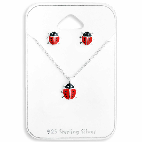 Auf dem Bild zu sehen ist eine Kinder Halskette Marienkäfer Glücksbringer Anhänger aus 925 Sterling Silver echt Silber mit Ohrstecker Set Emaille Rot Schwarz 39cm länge