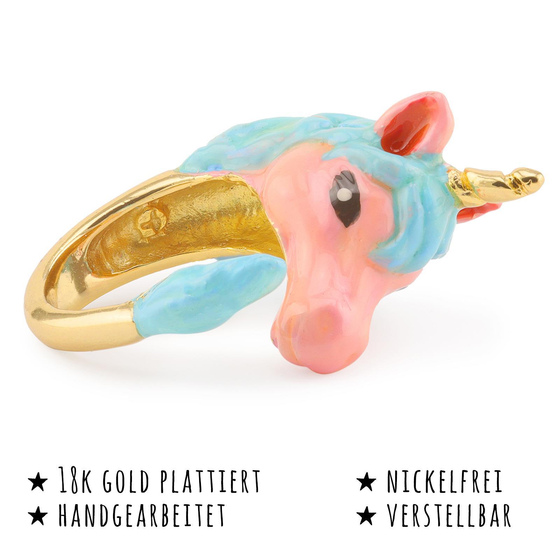 Das Bild mit Beschreibung zeigt Damen Ringe mit Einhorn aus Messing 18k Gold plattiert mit Emaille handbemalt