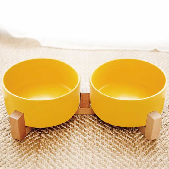 Doppel Hundenapf und Katzennapf aus Keramik gelb 2 x 400ml