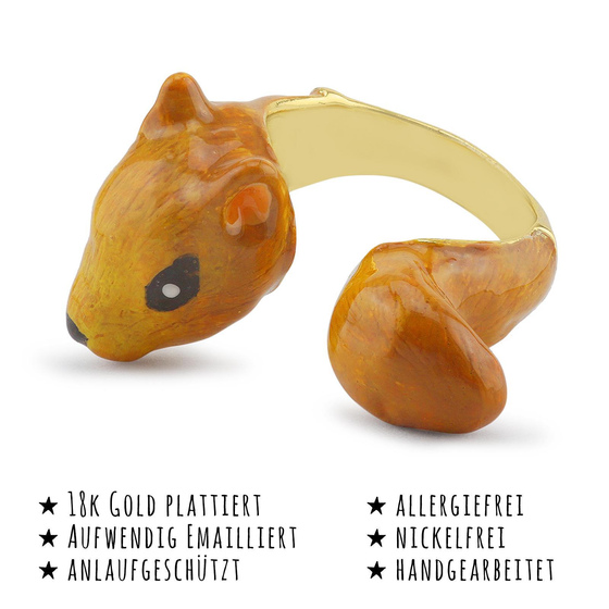 Das Bild mit Beschreibung zeigt Damen Ringe mit Eichhrnchen aus Messing Gold plattiert mit Emaille handbemalt