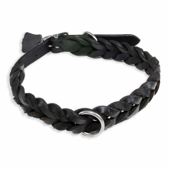 Auf dem Bild ist ein Hundehalsband als Lederhalsband fr Hunde aus echt Leder in schwarz - 20mm breit geflochten und verstellbar 37 bis 45cm in der Gre M-S zu sehen