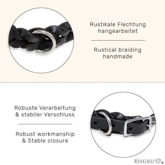 Hundehalsband aus Leder schwarz geflochten M-S