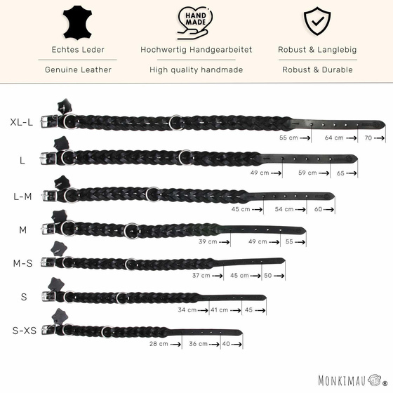 Hundehalsband aus Leder schwarz geflochten M-S
