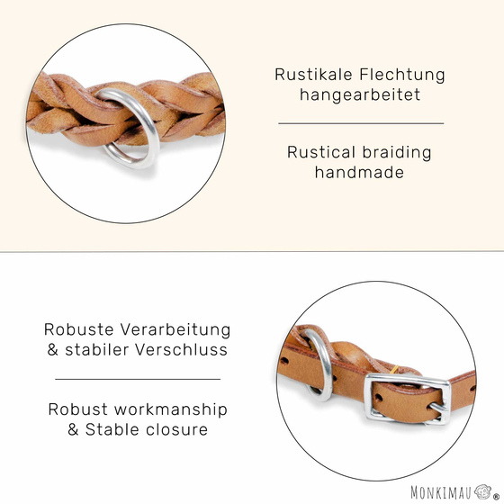 Hundehalsband aus Leder beige geflochten M