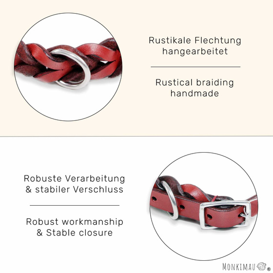 Hundehalsband aus Leder rot geflochten M-S