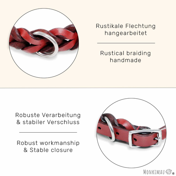 Hundehalsband aus Leder rot geflochten M
