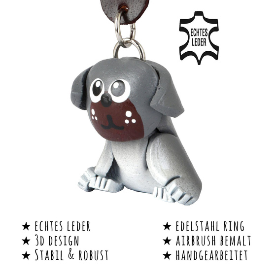 Das Bild mit Beschreibung zeigt ein Mops Hund aus Leder