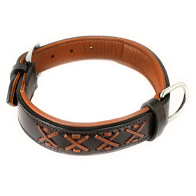 Auf dem Bild ist ein Hundehalsband aus Leder braun...