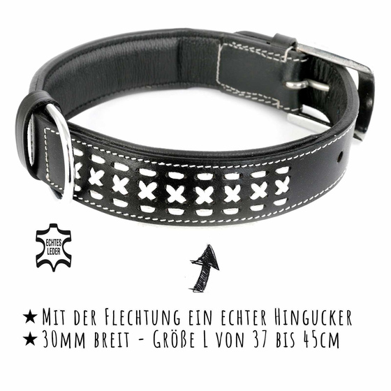 Hundehalsband aus Leder schwarz weie Zierflechtung S