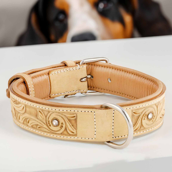 Hundehalsband aus Leder beige handgeschnitzt mit Premium-Kristallen M