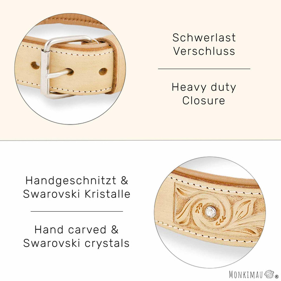 Hundehalsband aus Leder beige handgeschnitzt mit Premium-Kristallen M