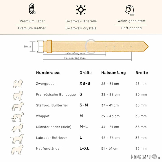 Hundehalsband aus Leder beige handgeschnitzt mit Premium-Kristallen M