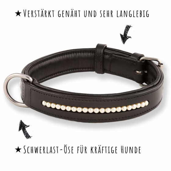 Hundehalsband aus Leder schwarz mit Premium-Perlen L