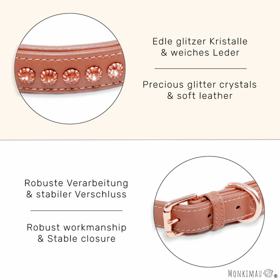 Hundehalsband aus Nappa-Leder braun gepolstert mit Kristallen S-XS