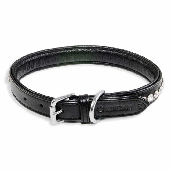 Hundehalsband aus Nappa-Leder schwarz gepolstert mit Kristallen S-XS