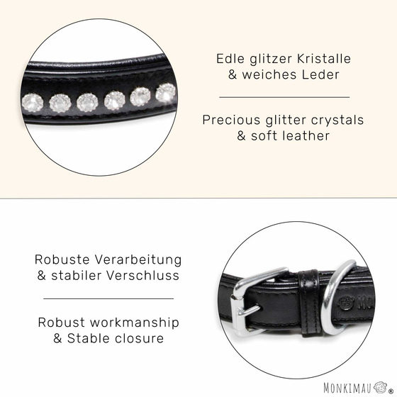 Hundehalsband aus Nappa-Leder schwarz gepolstert mit Kristallen L