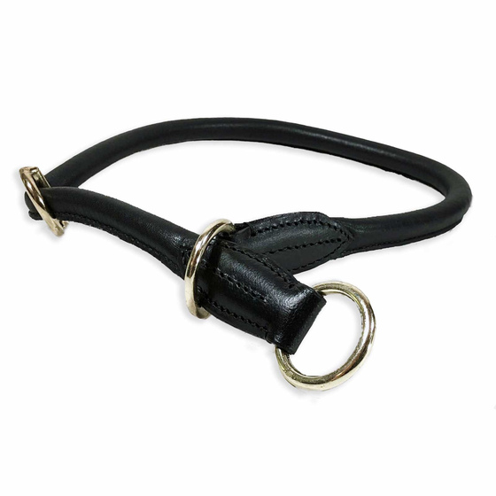 Auf dem Bild ist ein Hundehalsband als Lederhalsband mit Zugstopp fr Hunde aus echt Nappaleder in schwarz - 10mm breit und rundgenht mit Stopper ca. 35cm in der Gre S-XS zu sehen