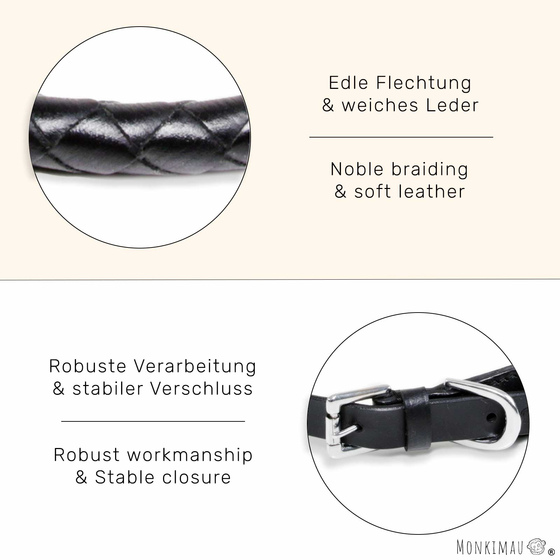 Hundehalsband aus Leder schwarz rund geflochten S-XS