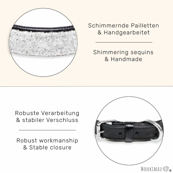 Hundehalsband aus Leder schwarz mit weien Pailletten S-XS
