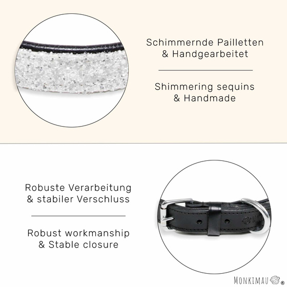Hundehalsband aus Leder schwarz mit wei�en Pailletten M-S