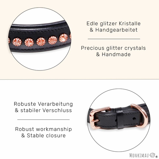 Hundehalsband aus Leder schwarz mit rosegold Kristallen S-XS