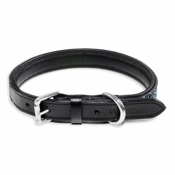 Hundehalsband aus Leder schwarz mit blauen Pailletten S