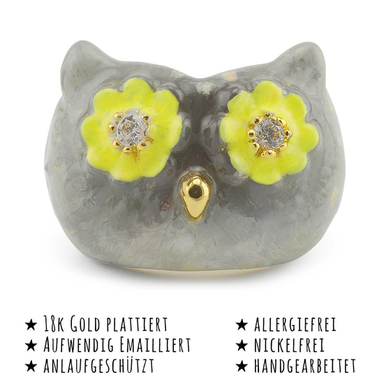 Das Bild mit Beschreibung zeigt Damen Ringe mit Eule aus Messing Gold plattiert mit Emaille handbemalt