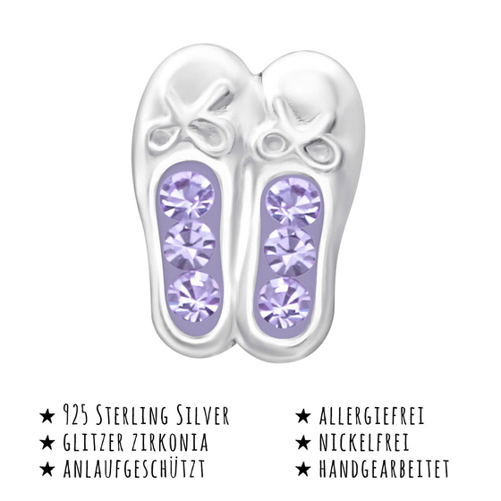 Das Bild mit Beschreibung zeigt Kinder Ohrringe Schuhe Ballerina Ohrstecker aus 925 Sterling Silver echt Silber mit 12 Kristallen