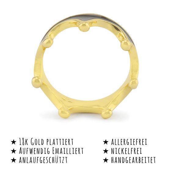 Das Bild mit Beschreibung zeigt Damen Ringe mit Krone aus Messing Gold plattiert mit Emaille handbemalt