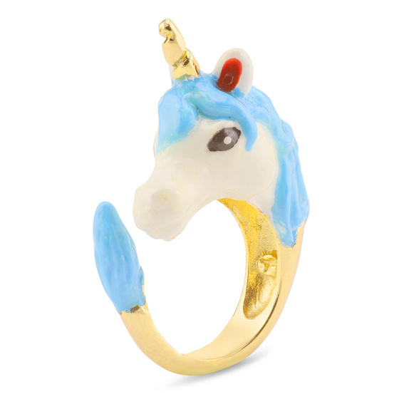 Auf dem Bild zu sehen sind Damen Ringe mit Einhorn aus Messing Gold plattiert mit Emaille handbemalt