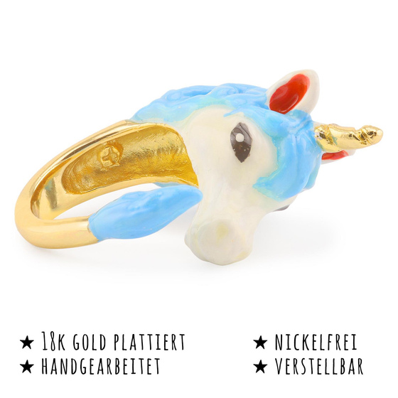 Das Bild mit Beschreibung zeigt Damen Ringe mit Einhorn aus Messing Gold plattiert mit Emaille handbemalt