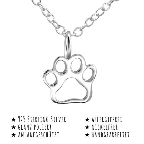 Das Bild mit Beschreibung zeigt eine Kinder Halskette Pfote Offen Anhnger aus 925 Sterling Silver echt Silber mit 45cm lnge