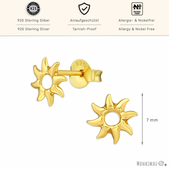 Sonnen Ohrringe aus 925 Silber Gold plattiert