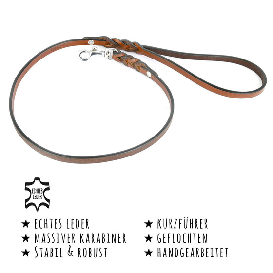 Das Bild mit Beschreibung zeigt eine Kurzfhrer Hundeleine aus echt Leder geflochten in der Farbe braun 1m lang