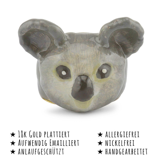 Das Bild mit Beschreibung zeigt Damen Ringe mit Koala aus Messing Gold plattiert mit Emaille handbemalt