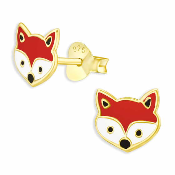 Auf dem Bild zu sehen sind Fuchs Kopf Ohrringe aus 925 Silber Gold plattiert