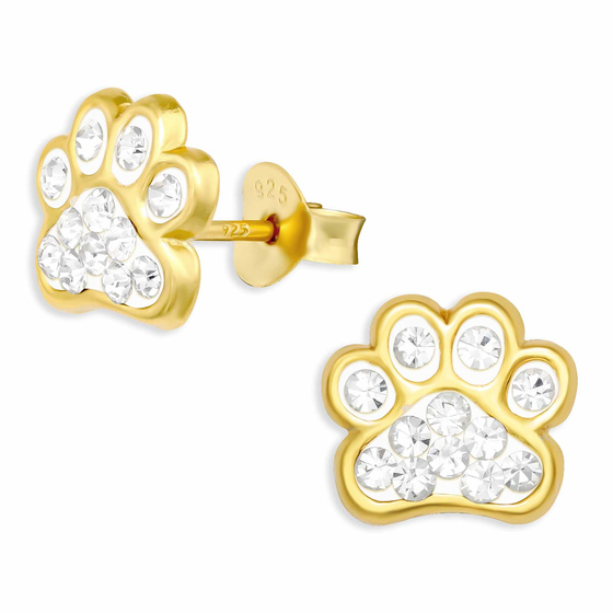 Auf dem Bild zu sehen sind Glitzer Pfoten Ohrringe aus 925 Silber Gold plattiert