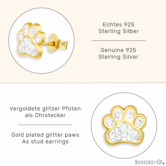 Glitzer Pfoten Ohrringe aus 925 Silber Gold plattiert