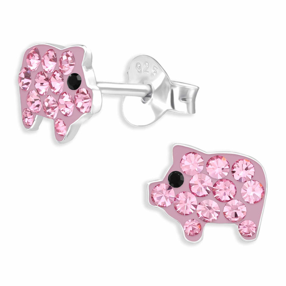 Auf dem Bild zu sehen sind Glitzer Schweinchen Ohrringe aus 925 Silber