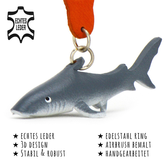 Das Bild mit Beschreibung zeigt ein Haifisch aus Leder