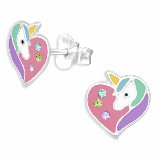 Auf dem Bild zu sehen sind Einhorn Herz Ohrringe aus 925 Silber