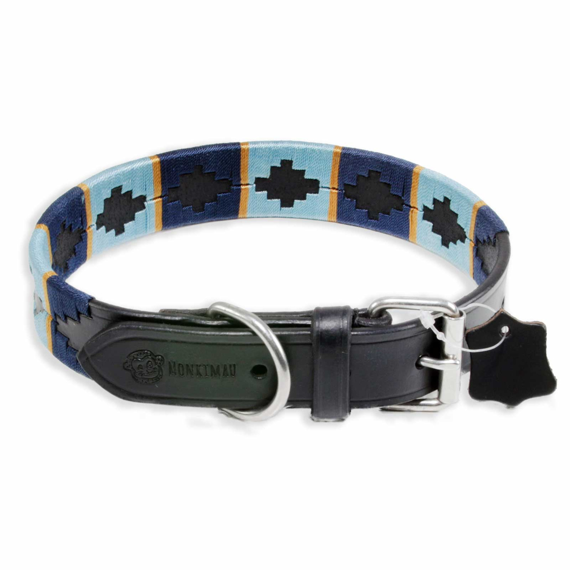 Luxus Hundehalsband aus schwarzem oder braunem Leder mit eleganter blau  farbige einzigartige Versierung, Design Mar - Superpipapo